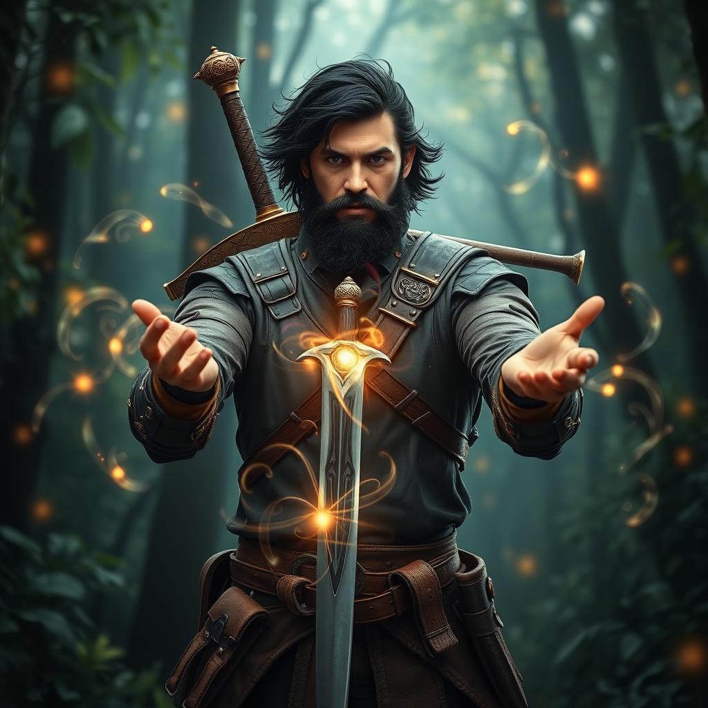 A striking ranger named Victros, showcasing his dark hair and a full beard, stands confidently in a mystical forest