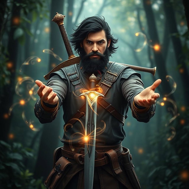 A striking ranger named Victros, showcasing his dark hair and a full beard, stands confidently in a mystical forest