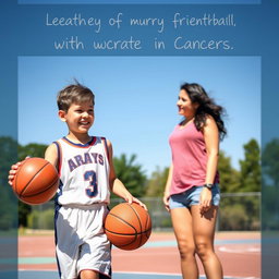 A girl playing basketball who is battling cancer, alongside her supportive friend