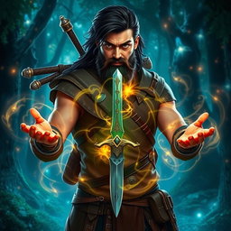 A striking ranger named Victros, showcasing his dark hair and a full beard, stands confidently in a mystical forest