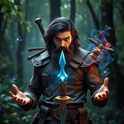 A striking ranger named Victros, showcasing his dark hair and a full beard, stands confidently in a mystical forest