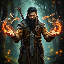 A striking ranger named Victros, showcasing his dark hair and a full beard, stands confidently in a mystical forest