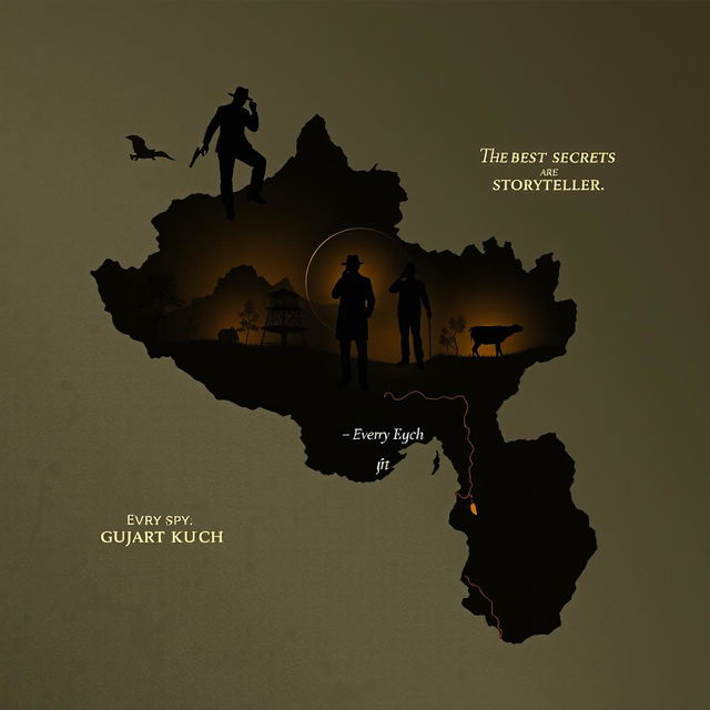 An engaging and mysterious image featuring the map of Gujarat, India, artistically intertwined with elements of espionage