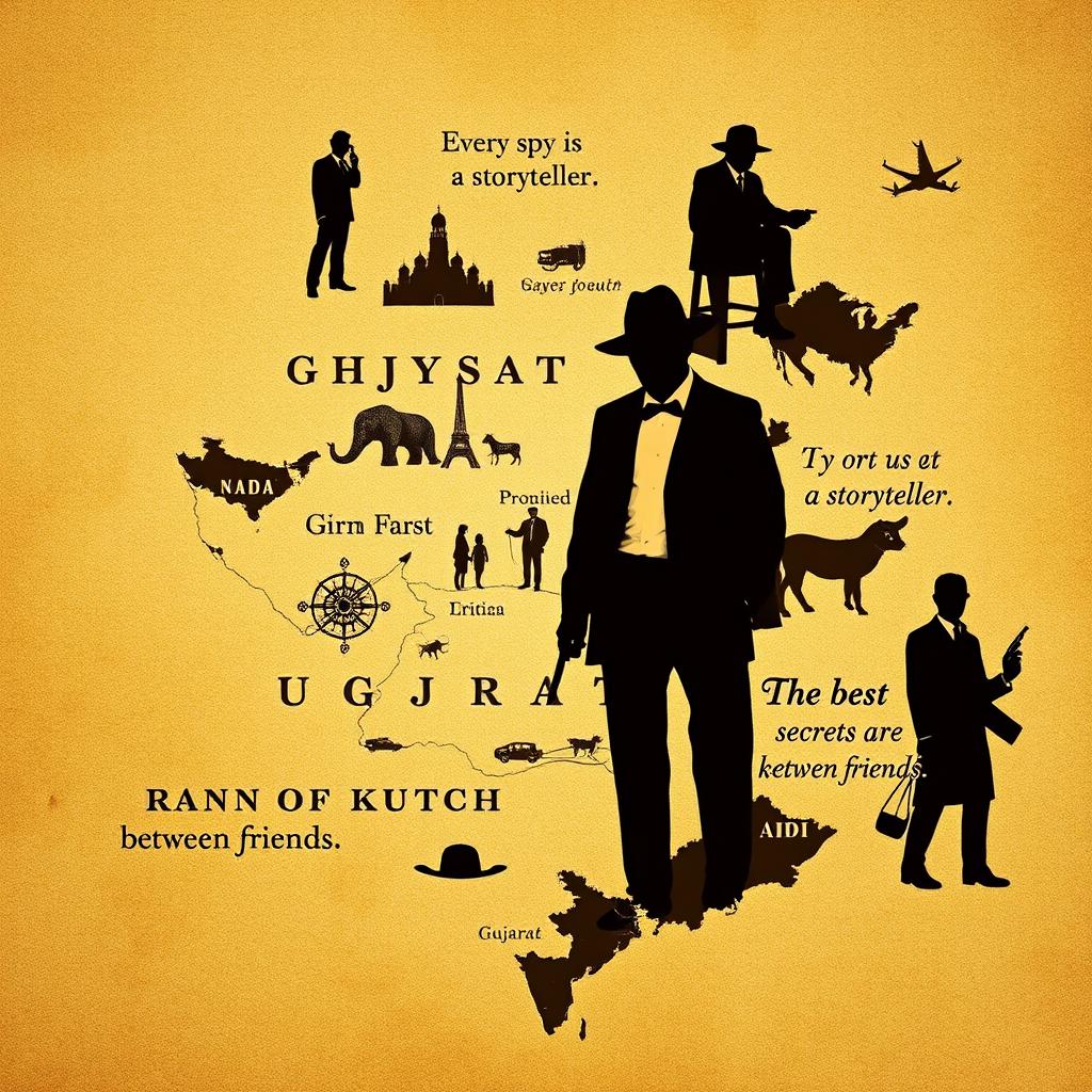 An engaging and mysterious image featuring the map of Gujarat, India, artistically intertwined with elements of espionage