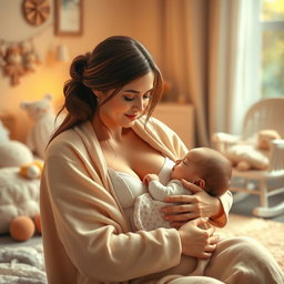A serene and warm scene depicting a mother lovingly breastfeeding her baby in a cozy and softly lit room