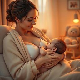 A serene and warm scene depicting a mother lovingly breastfeeding her baby in a cozy and softly lit room