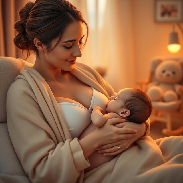 A serene and warm scene depicting a mother lovingly breastfeeding her baby in a cozy and softly lit room