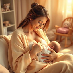 A serene and warm scene depicting a mother lovingly breastfeeding her baby in a cozy and softly lit room