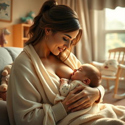 A serene and warm scene depicting a mother lovingly breastfeeding her baby in a cozy and softly lit room