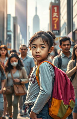 A poignant scene depicting the reality of a young girl in modern society, standing in a bustling city environment