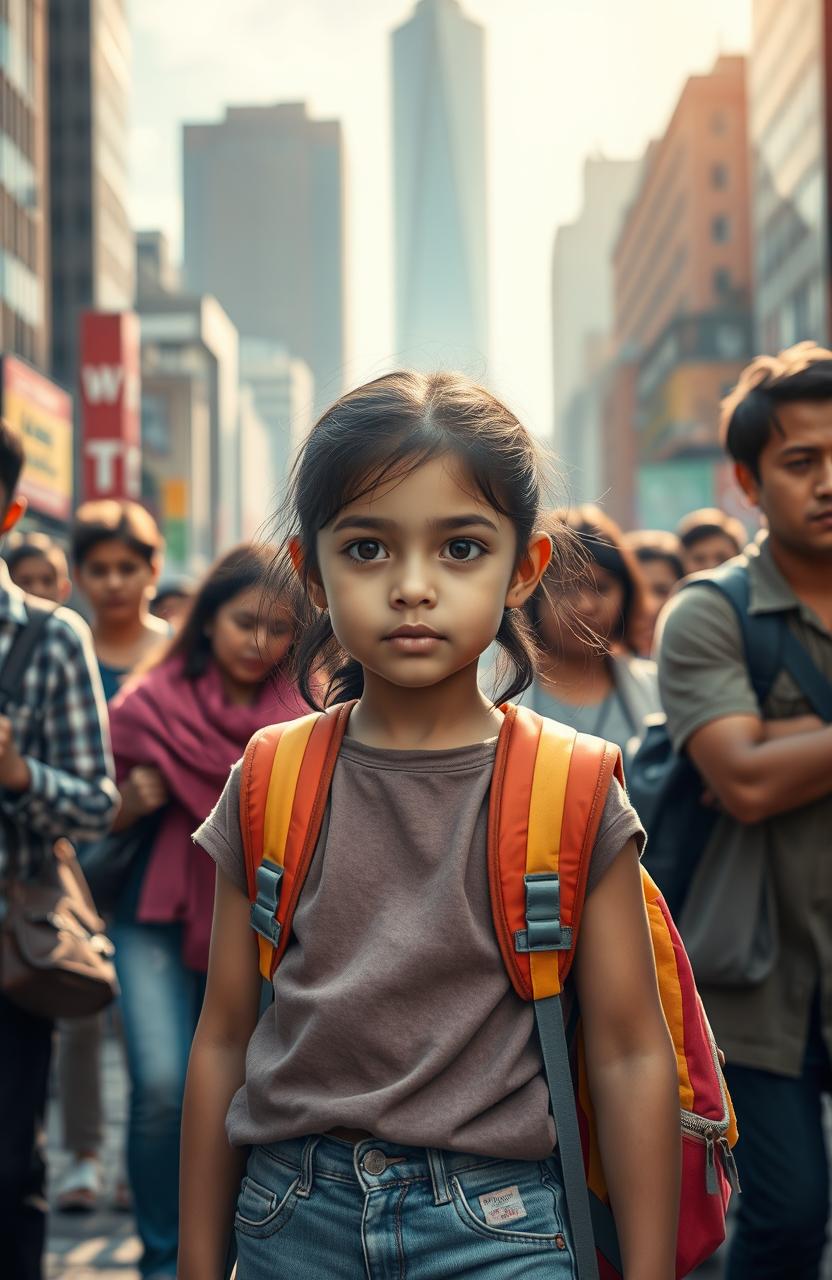 A poignant scene depicting the reality of a young girl in modern society, standing in a bustling city environment