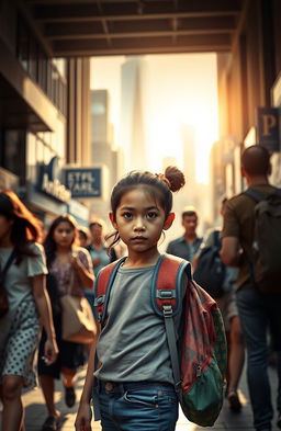A poignant scene depicting the reality of a young girl in modern society, standing in a bustling city environment