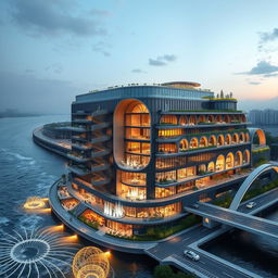 Design a modern 20-story tower with sleek lines and a height of 80 meters on the southern bank of a roaring river