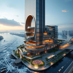 Design a modern 20-story tower with sleek lines and a height of 80 meters on the southern bank of a roaring river