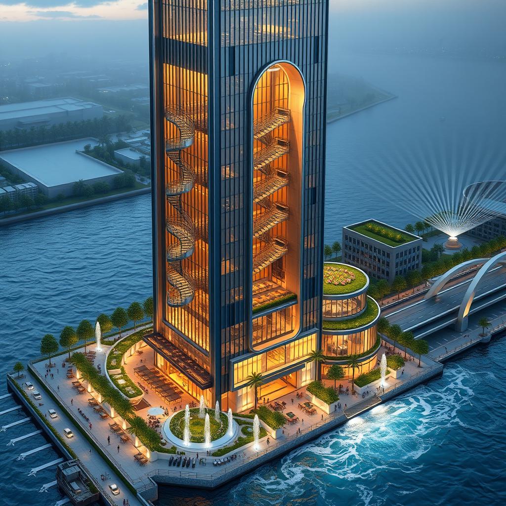 Design a modern 20-story tower with sleek lines and a height of 80 meters on the southern bank of a roaring river
