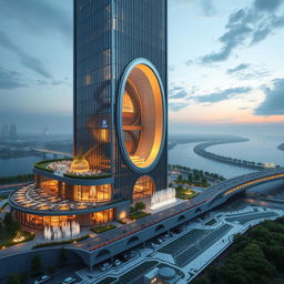 Design a modern 20-story tower with sleek lines and a height of 80 meters on the southern bank of a roaring river