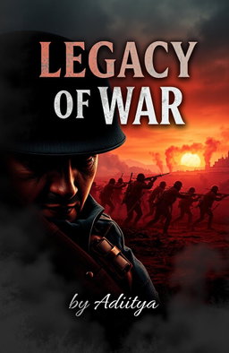 An evocative book cover design for a novel titled "Legacy of War" by Aditya, featuring a dramatic battlefield scene at dusk, where soldiers in historical uniforms are engaged in combat