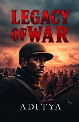 An evocative book cover design for a novel titled "Legacy of War" by Aditya, featuring a dramatic battlefield scene at dusk, where soldiers in historical uniforms are engaged in combat