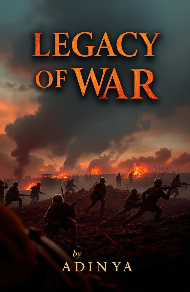 An evocative book cover design for a novel titled "Legacy of War" by Aditya, featuring a dramatic battlefield scene at dusk, where soldiers in historical uniforms are engaged in combat