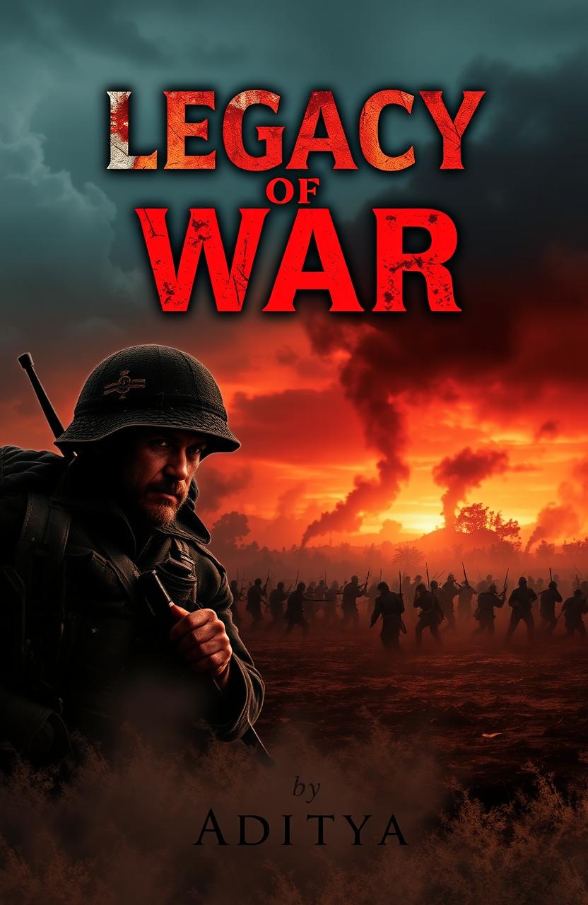 An evocative book cover design for a novel titled "Legacy of War" by Aditya, featuring a dramatic battlefield scene at dusk, where soldiers in historical uniforms are engaged in combat
