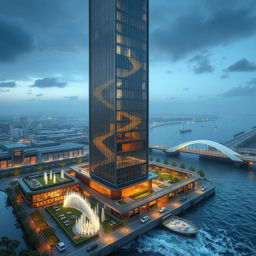 A modern 20-story tower with sleek lines, standing 80 meters tall on the southern bank of a raging river