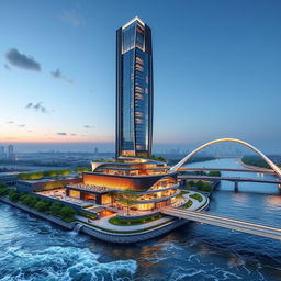A modern 20-story tower with sleek lines, standing 80 meters tall on the southern bank of a raging river