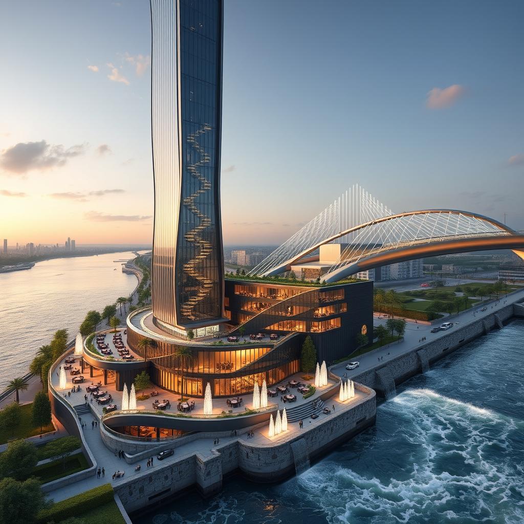A modern 20-story tower with sleek lines, standing 80 meters tall on the southern bank of a raging river