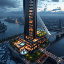A modern 20-story tower with sleek lines, standing 80 meters tall on the southern bank of a raging river