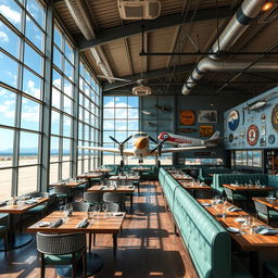 Um restaurante temático chamado 'Skyline Hangar 88', projetado para se assemelhar a um hangar de aviões, com decoração de aviação em todos os detalhes