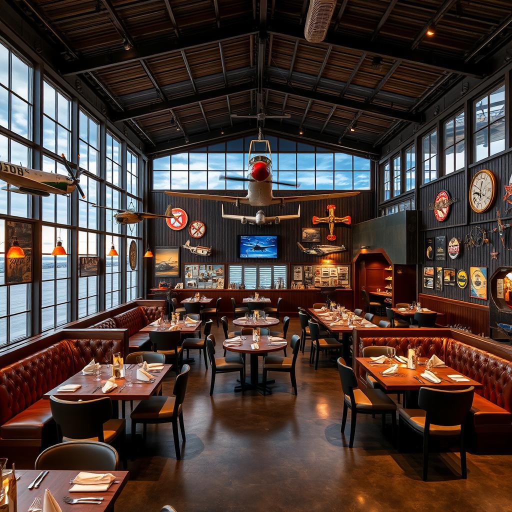 Um restaurante temático chamado 'Skyline Hangar 88', projetado para se assemelhar a um hangar de aviões, com decoração de aviação em todos os detalhes