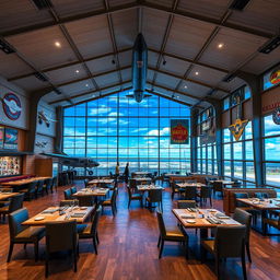Um restaurante temático chamado 'Skyline Hangar 88', projetado para se assemelhar a um hangar de aviões, com decoração de aviação em todos os detalhes