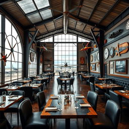 Um restaurante temático chamado 'Skyline Hangar 88', projetado para se assemelhar a um hangar de aviões, com decoração de aviação em todos os detalhes