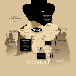 A visually striking image featuring the map of Gujarat, India, accentuated with various intelligence spy quotes artistically integrated around and on the map