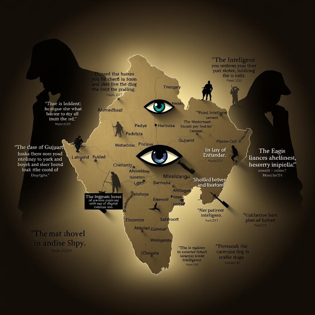 A visually striking image featuring the map of Gujarat, India, accentuated with various intelligence spy quotes artistically integrated around and on the map