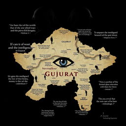 A visually striking image featuring the map of Gujarat, India, accentuated with various intelligence spy quotes artistically integrated around and on the map