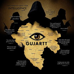 A visually striking image featuring the map of Gujarat, India, accentuated with various intelligence spy quotes artistically integrated around and on the map