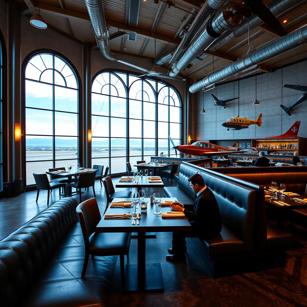 Um restaurante temático denominado 'Skyline Hangar 88', que imita a atmosfera de um hangar de aviões