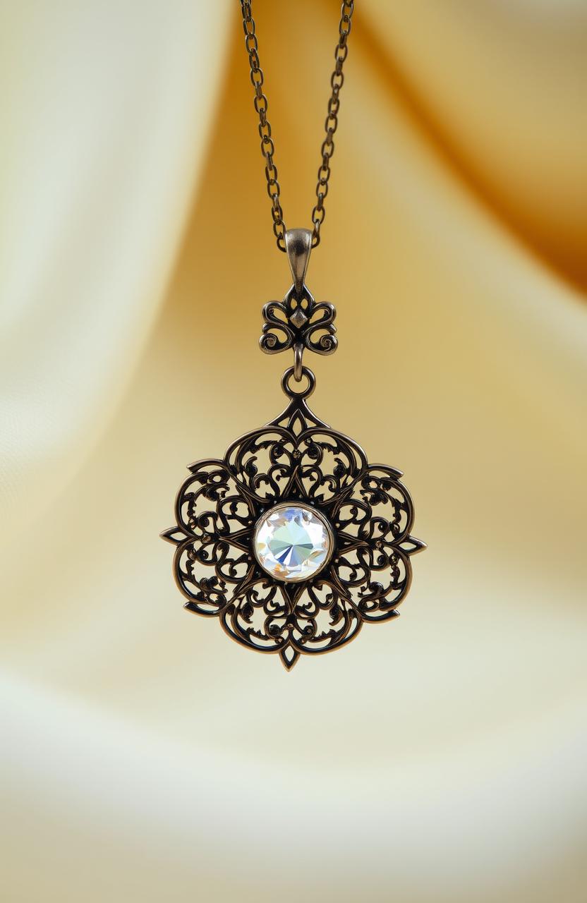 A beautifully designed, exclusive, intricate pendant that symbolizes ownership, featuring filigree work and a central gemstone that glows with a soft light