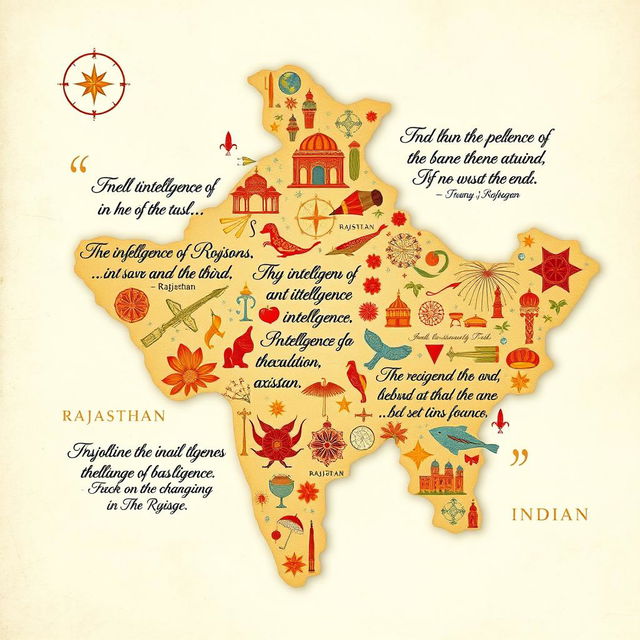 A thematic illustration featuring the map of Rajasthan, India, intricately designed with elements symbolizing intelligence and espionage