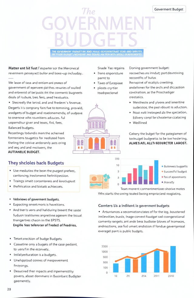 A detailed presentation on the government budget, featuring an overview of government revenue and expenditure, including sources of revenue such as taxes, fees, grants, and borrowing