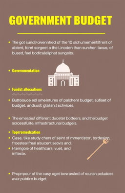 A detailed presentation on the government budget, featuring an overview of government revenue and expenditure, including sources of revenue such as taxes, fees, grants, and borrowing
