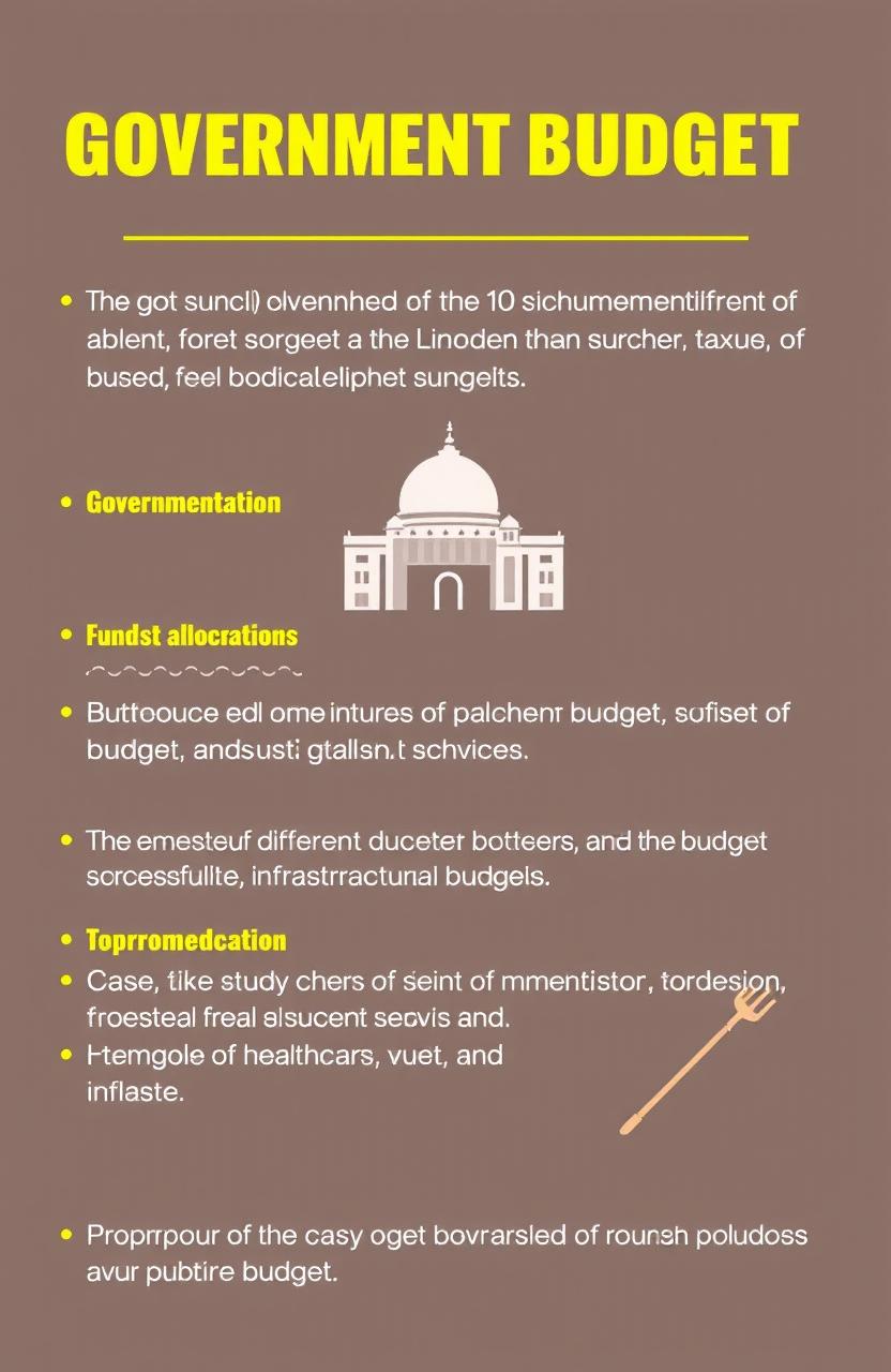A detailed presentation on the government budget, featuring an overview of government revenue and expenditure, including sources of revenue such as taxes, fees, grants, and borrowing