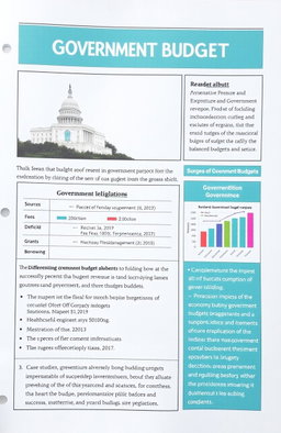 A detailed presentation on the government budget, featuring an overview of government revenue and expenditure, including sources of revenue such as taxes, fees, grants, and borrowing