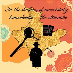 A stylized illustration of the map of Rajasthan, India, intricately designed with patterns inspired by traditional Indian art and architecture