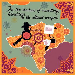 A stylized illustration of the map of Rajasthan, India, intricately designed with patterns inspired by traditional Indian art and architecture