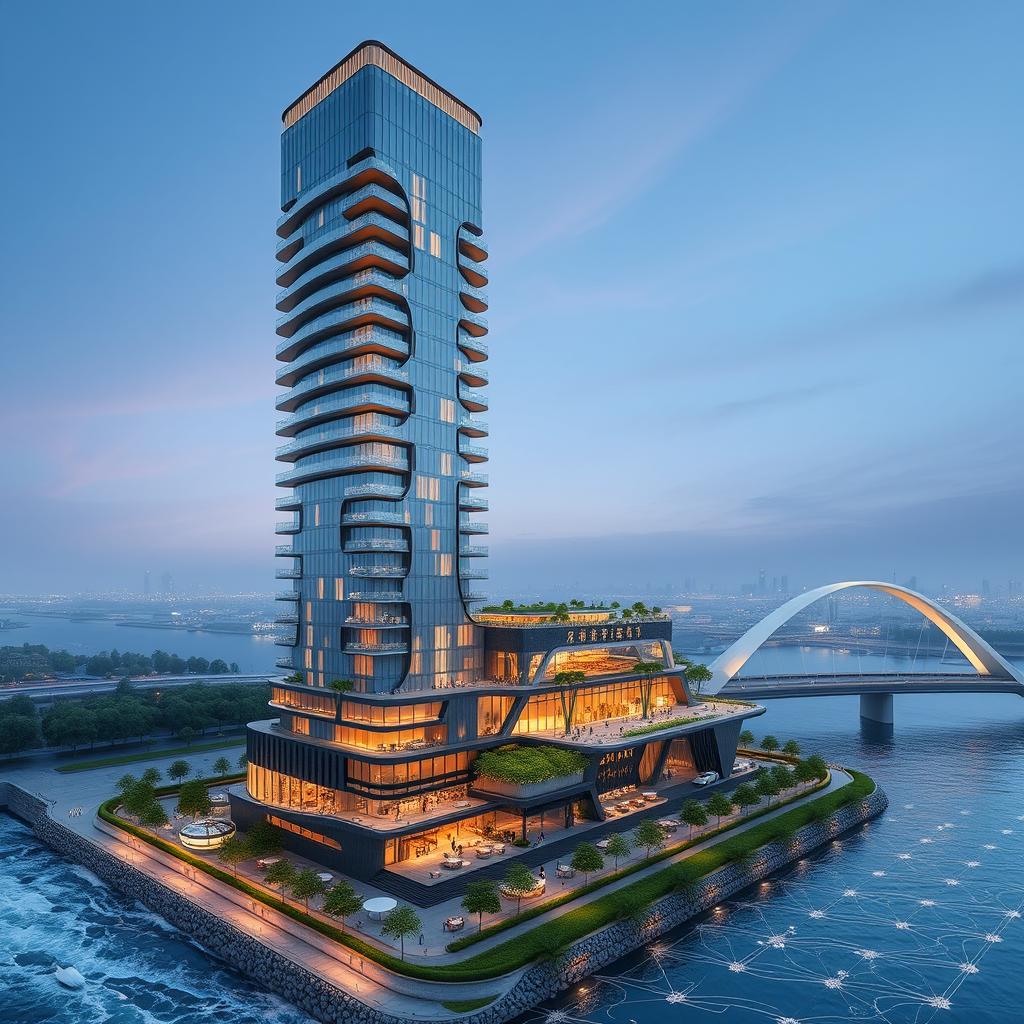 A modern, disruptive tower inspired by the Apadana Palace showcasing Achaemenid architecture, featuring sleek lines, 20 floors, and a height of 80 meters, situated on the southern bank of a roaring river