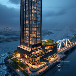 A modern, disruptive tower inspired by the Apadana Palace showcasing Achaemenid architecture, featuring sleek lines, 20 floors, and a height of 80 meters, situated on the southern bank of a roaring river