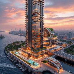A modern, disruptive tower inspired by the Apadana Palace showcasing Achaemenid architecture, featuring sleek lines, 20 floors, and a height of 80 meters, situated on the southern bank of a roaring river