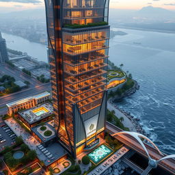 A modern, disruptive tower inspired by the Apadana Palace showcasing Achaemenid architecture, featuring sleek lines, 20 floors, and a height of 80 meters, situated on the southern bank of a roaring river