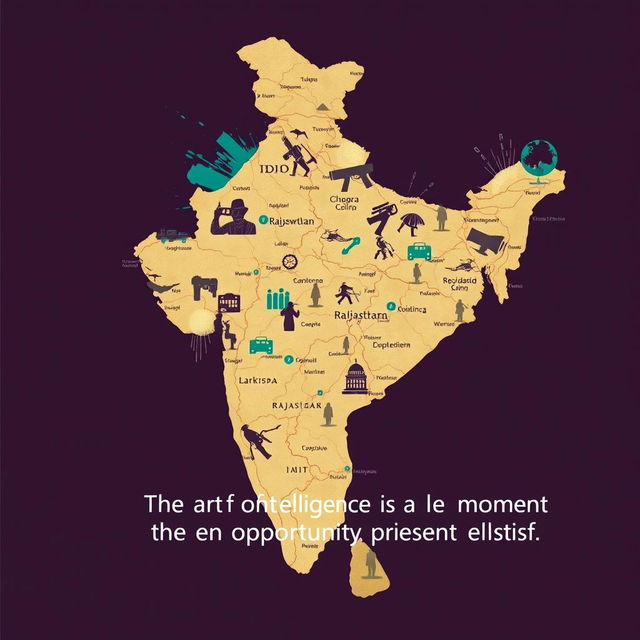 An artistic representation of the map of Rajasthan, India, incorporated with an intelligence spy theme